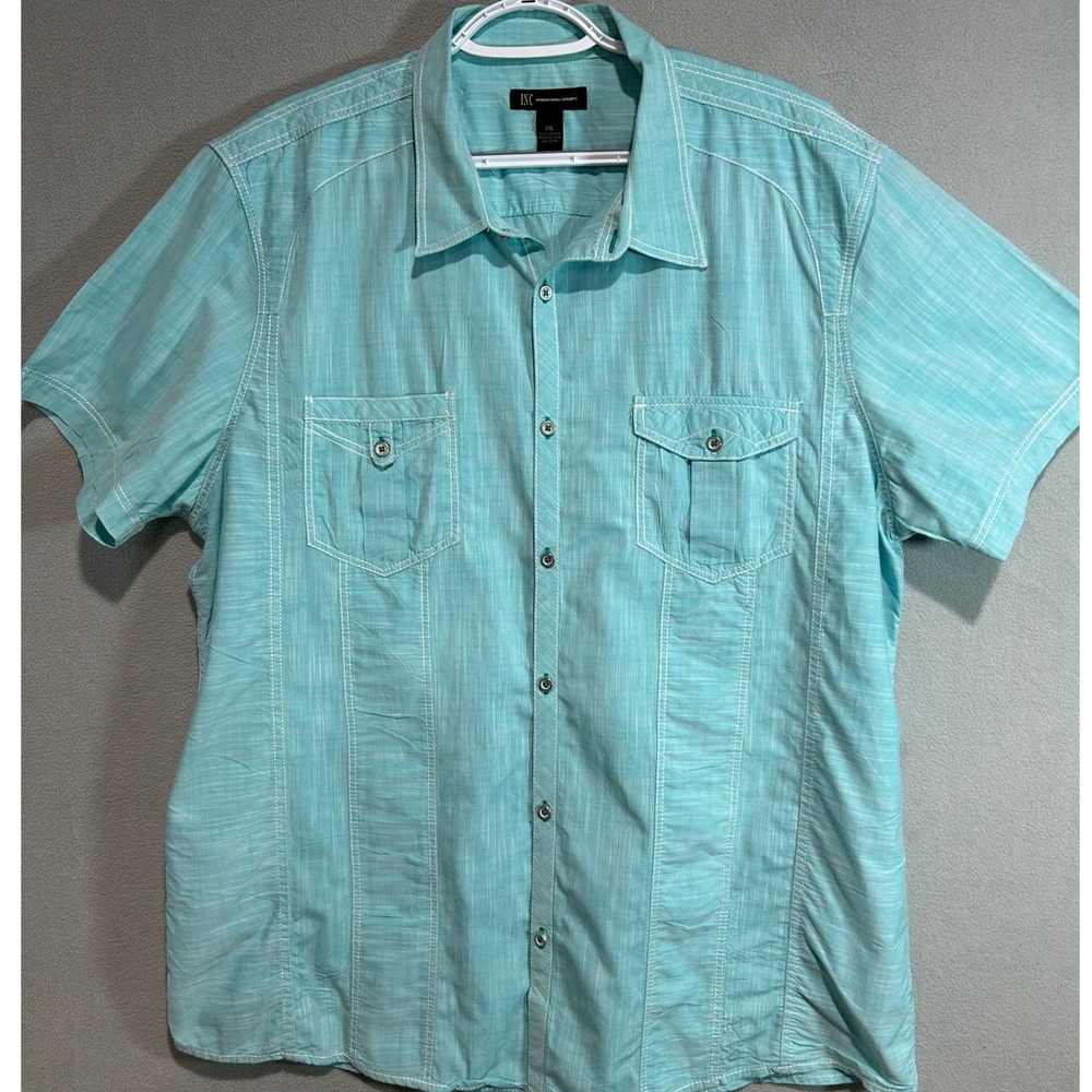 INC Button Up Shirt Mens XXL Turquoise Short Sleeve Cotton Summer Vacation